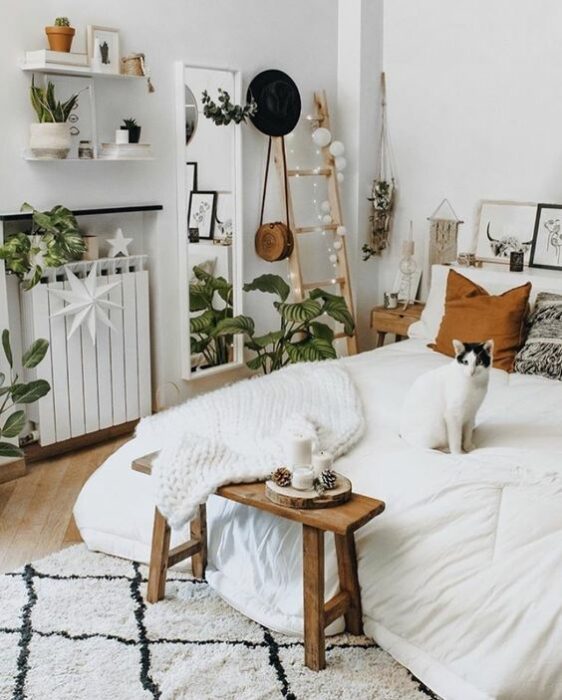 Habitación acogedora con paredes blancas, cama con cobija blanca, cojín café, mesita de  madera para tomar el té, alfombra blanca con rombos de líneas negras y un gato sentado arriba de la cama con cabeza negra y cuerpo blanco