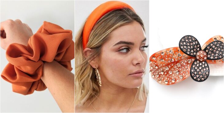 Accesorios para el cabello en tonos naranja, diadema, pasador; Ideas para usar color naranja en tu outfit