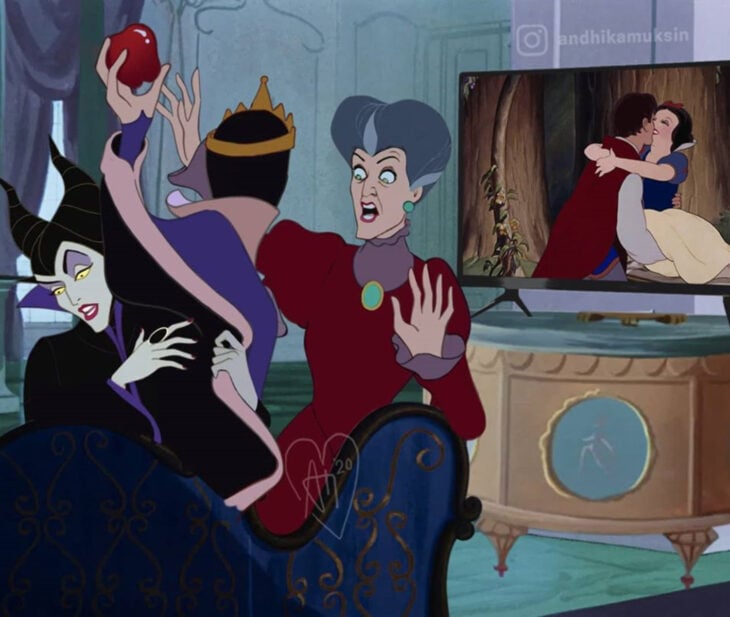 Artista Andhika Muksin ilustra personajes de Disney en tiempos modernos; villanas, brujas viendo la película de Blancanieves en la televisión, Meléfica, reina Grimhilde y Lady Tremaine, Cenicienta y la Bella durmiente