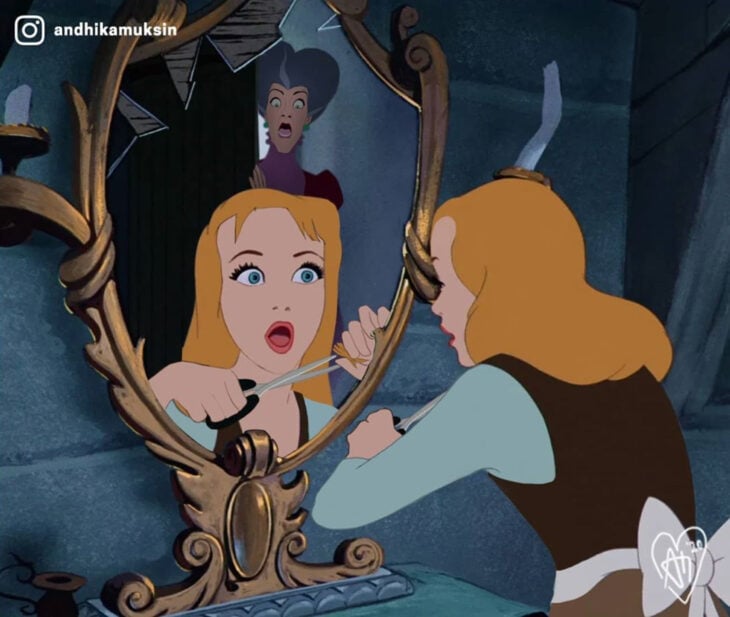 Artista Andhika Muksin ilustra personajes de Disney en tiempos modernos; Cenicienta cortándose el cabello frente al espejo mientras la villana Lady Tremaine entra