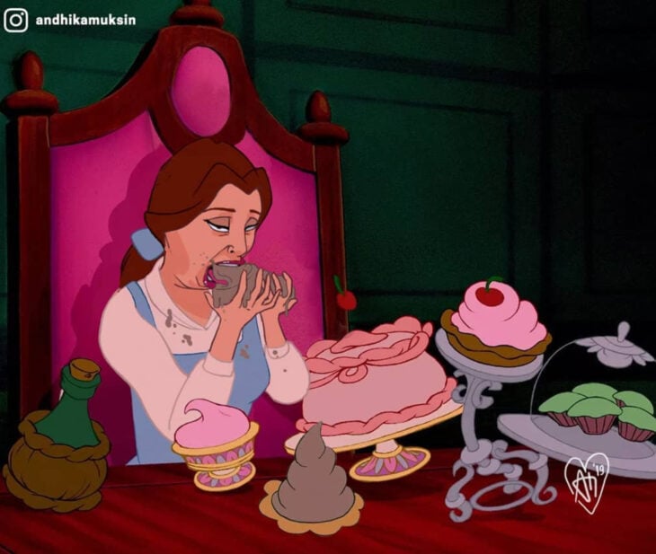 Artista Andhika Muksin ilustra personajes de Disney en tiempos modernos; La bella y la bestia, Bella en el castillo comiendo pasteles