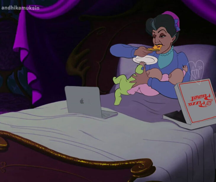 Artista Andhika Muksin ilustra personajes de Disney en tiempos modernos; Cenicienta, Lady Tremaine con sus hijas bebés, viendo películas en laptop y cenando pizza