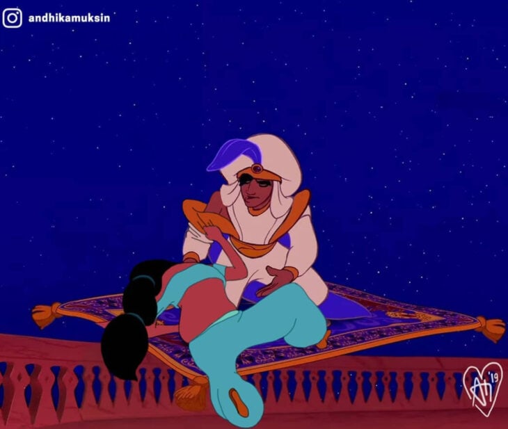 Artista Andhika Muksin ilustra personajes de Disney en tiempos modernos; Aladdín ayudando a Jasmín a subir a la alfombra voladora