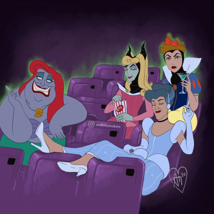 Artista Andhika Muksin ilustra personajes de Disney en tiempos modernos; La Sirenita, La bella durmiente, Úrsula disfrazada de Ariel, Lady Tremaine vestida de Cenicienta, Maléfica de Aurora y la Reina Grimhilde de Blancanieves, villanas y brujas en Halloween