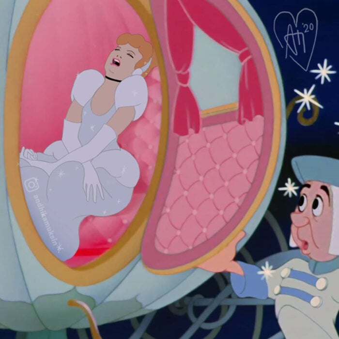 Artista Andhika Muksin ilustra personajes de Disney en tiempos modernos; Cenicienta dormida en el carruaje con su vestido azul de princesa