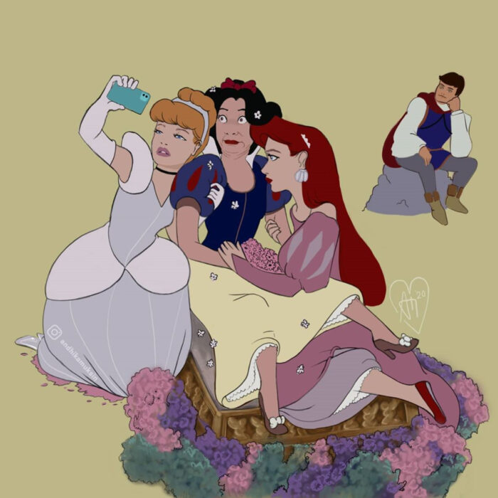 Artista Andhika Muksin ilustra personajes de Disney en tiempos modernos; Cenicienta, Blancanieves, Ariel, La Sirenita, tománcose una selfie mientras el príncipe Florian las espera