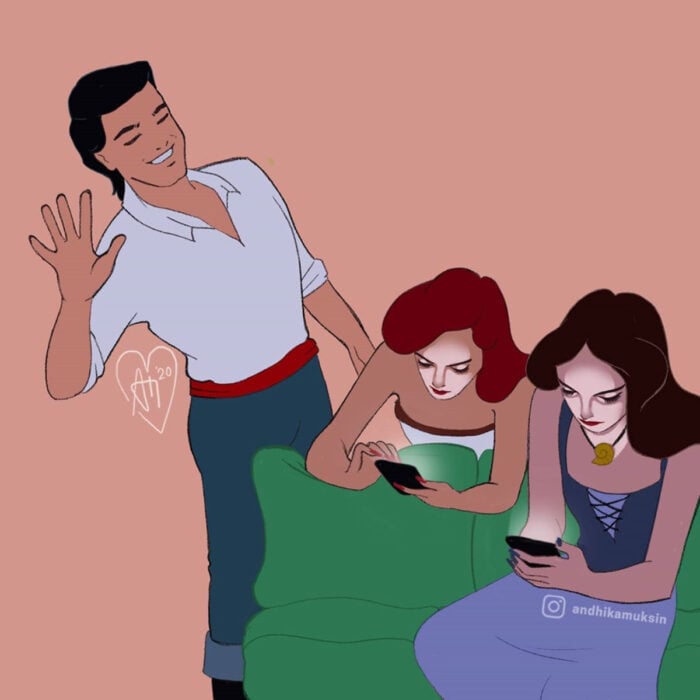 Artista Andhika Muksin ilustra personajes de Disney en tiempos modernos; Ariel y Úrsula en versión humana viendo su celular mientras el príncipe Eric las espera, La Sirenita