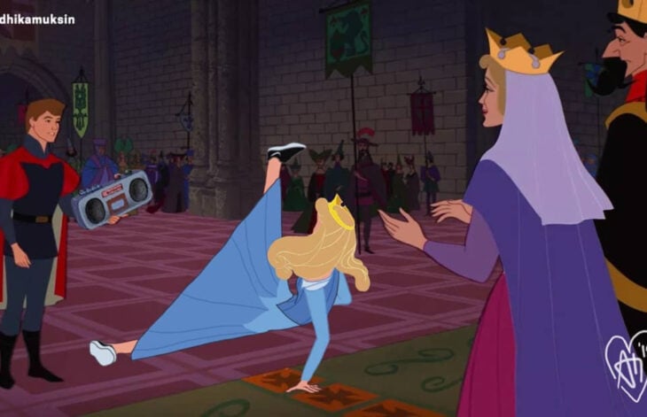 Artista Andhika Muksin ilustra personajes de Disney en tiempos modernos; La bella durmiente, príncipe Felipe, reyes y princesa Aurora bailando breakdance