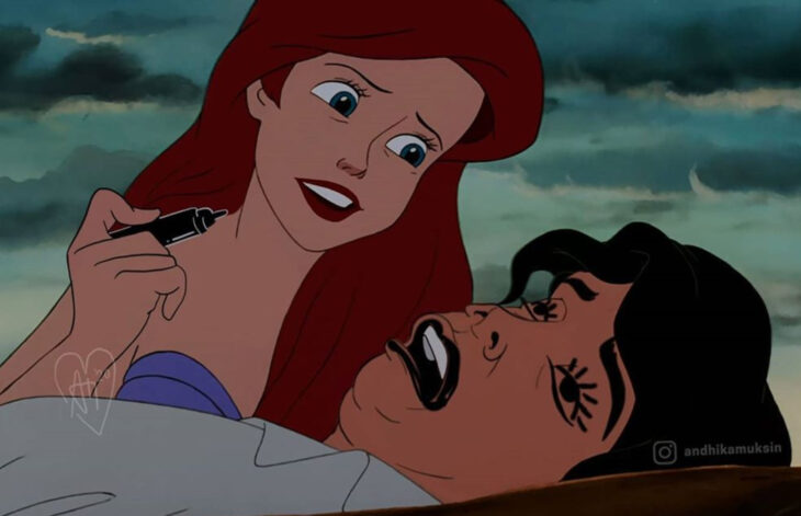 Artista Andhika Muksin ilustra personajes de Disney en tiempos modernos; La Sirenita, Erik desmayado a la orilla de la playa y Ariel borroneando su cara con plumón de manera graciosa