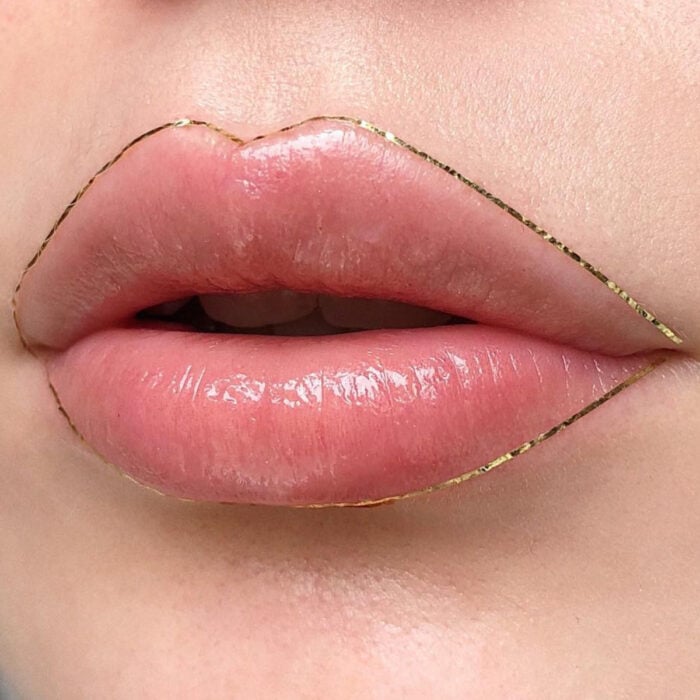Künstlerisches Lippen Make-up von Maskenbildnerin Tatiana Rose;  Mund mit nacktem rosa Lippenstift, umrandet mit einem schimmernden Goldstreifen