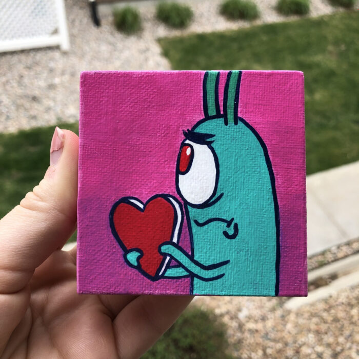 Minipintura en lienzo pequeño al óleo de Plankton de Bob esponja con corazón