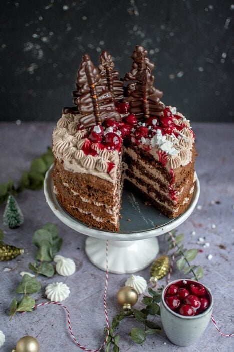 Pastel de Navidad de chocolate con relleno de chocolate, con decorado de paletas de chocolate en forma de pinos y arándanos