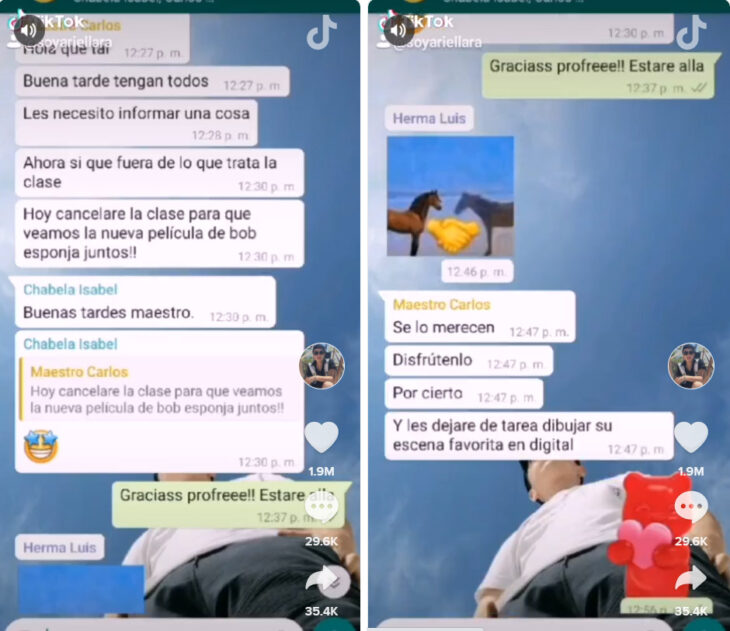 Screen shot de la conversación de WhatsApp del profesor Carlos con sus alumnos para ver la película