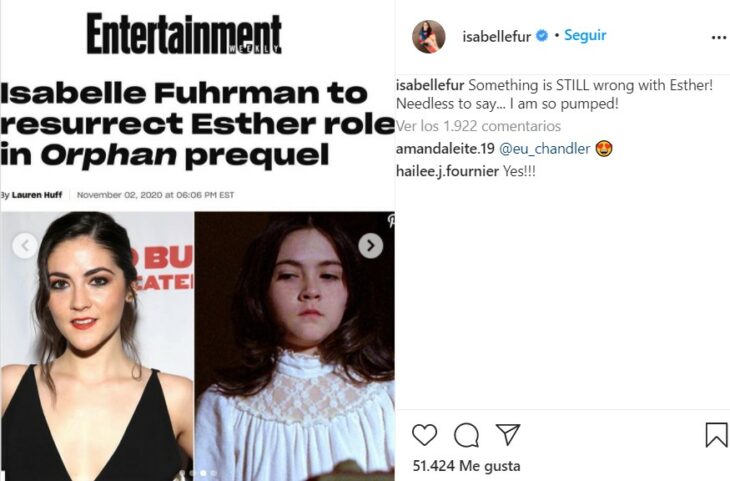 Estado en el instagram de Isabelle Fuhrman en el que habla de la secuela de la película La Huérfana 