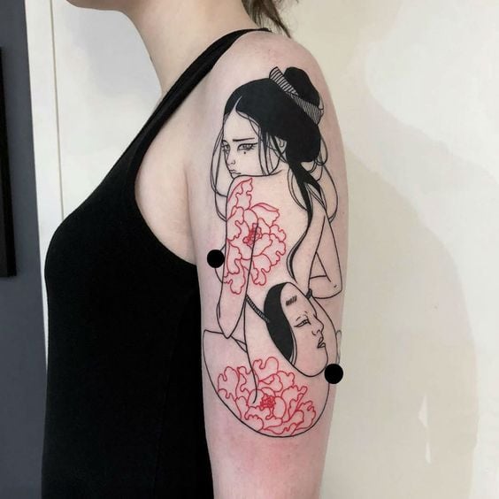 Tatuaje de chica asiática en tinta negra y tinta roja