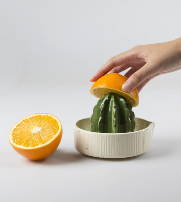 Utensilios bonitos y kawaii de cocina; exprimirdor en forma de suculenta cactus, naranja partida a la mitad