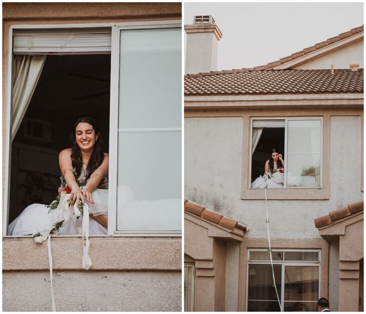 Novia a través del balcón realizando su boda