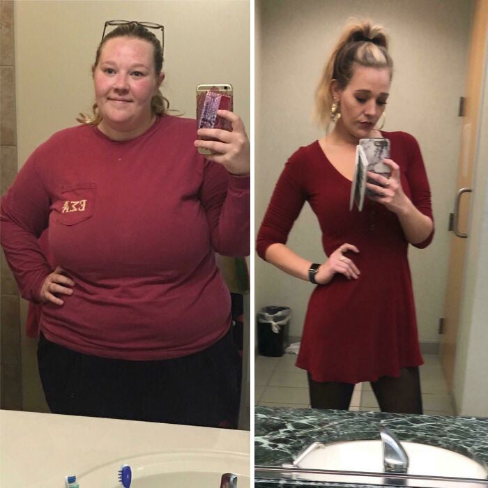 Antes y después de perder peso chica rubia con vestido rojo tomándose selfie frente al espejo