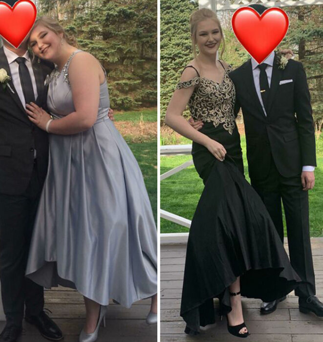 Antes y después de perder peso chica rubia con vestido de graduación negro con dorado abrazada de su novio 