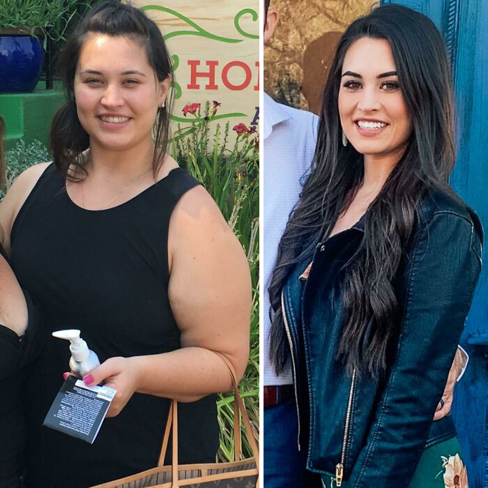 Antes y después de perder peso chica morena con cabello largo y negro vistiendo chaqueta oscura de mezclilla