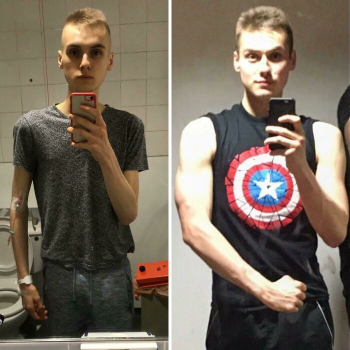 Antes y después de vencer a la anorexia chico rubio tomándose selfie frente a espejo con playera de capitán américa