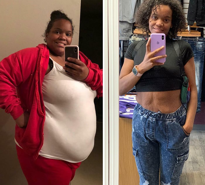 Antes y después de perder peso chica negra tomándose selfie frente al espejo con crop top negro y jeans oscuros