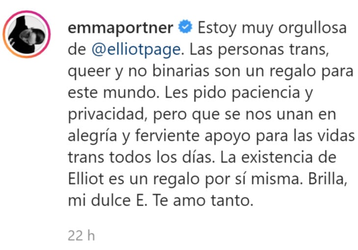Emma Portner apoya a Elliot Page, antes Ellen Page, famosos mandan mensajes de orgullo