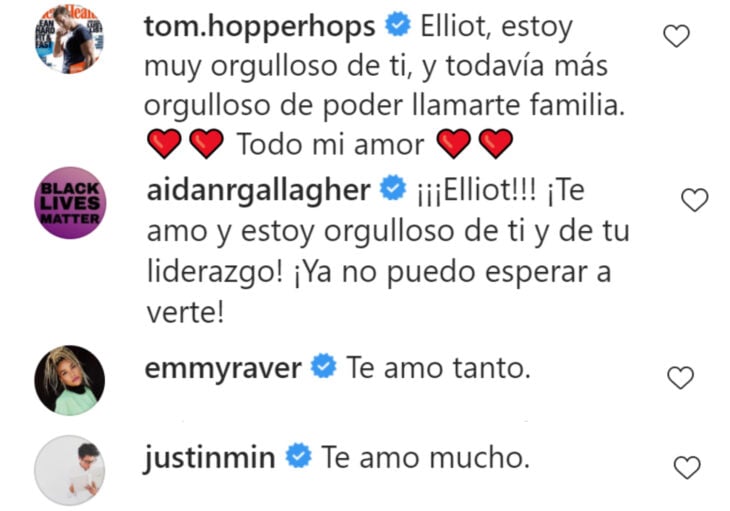 Tom Hopper, Aidan Gallagher, Emmy Raver und Justin Min, Schauspieler der Umbrella Academy, unterstützen Elliot Page, bevor Ellen Page, Prominente, Botschaften des Stolzes senden