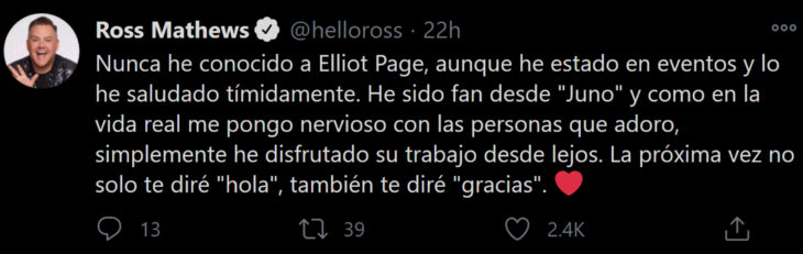 Comediante Ross Mathews apoya a Elliot Page, antes Ellen Page, famosos mandan mensajes de orgullo