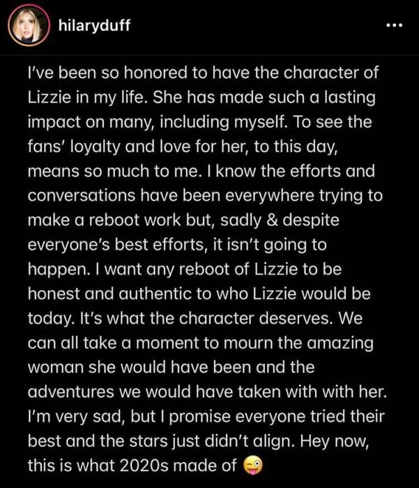 Mensaje de Hilary Duff sobre cancelación de Lizzie McGuire