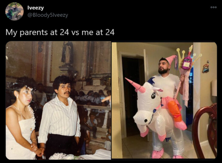 Reto de Twitter 'Mis papás a mi edad vs. Yo'; pareja casándose por la iglesia, chico con disfraz de unicornio