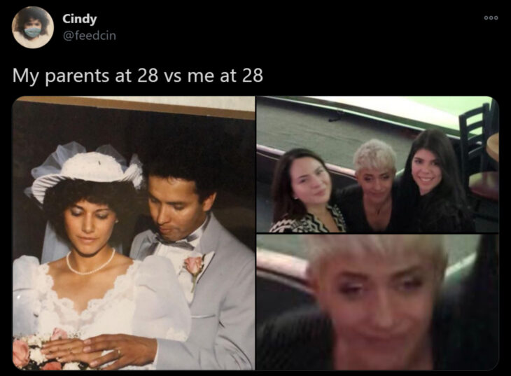 Reto de Twitter 'Mis papás a mi edad vs. Yo'; pareja casándose con vestido blanco y traje gris, mujer nada fotogénica