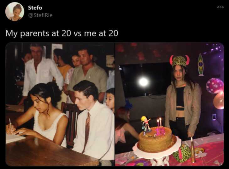 Reto de Twitter 'Mis papás a mi edad vs. Yo'; pareja casándose en el registro civil, mujer en fiesta de cumpleaños temática