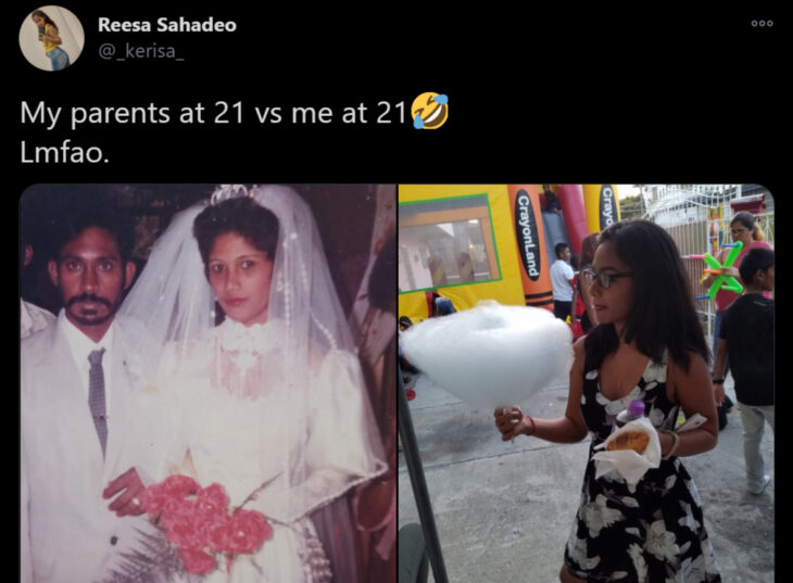 Reto de Twitter 'Mis papás a mi edad vs. Yo'; pareja casándose con vestido blanco y traje marfil, joven con comida en las manos en una fiesta