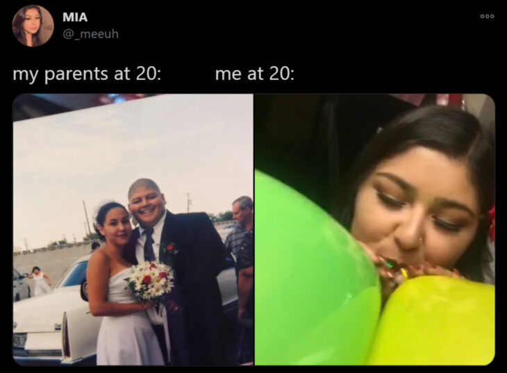 Reto de Twitter 'Mis papás a mi edad vs. Yo'; pareja casándose con vestido blanco y traje negro, mujer inflando globos
