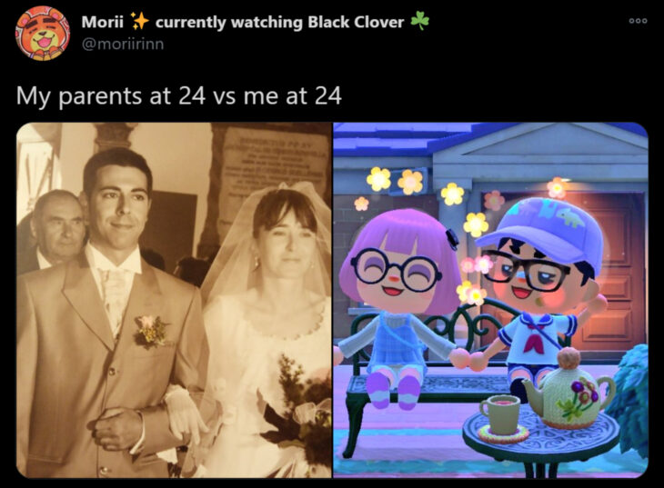 Reto de Twitter 'Mis papás a mi edad vs. Yo'; pareja casándose con vestido blanco y traje gris, personajes de Animal Crossing