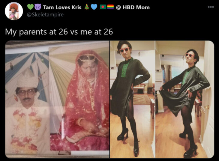 Reto de Twitter 'Mis papás a mi edad vs. Yo'; pareja casándose con traje tradicional indio, joven con vestido verde, medias y tacones