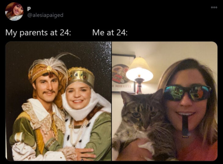 Reto de Twitter 'Mis papás a mi edad vs. Yo'; pareja disfrazada de reyes magos, chica con lentes de sol cargando a un gato