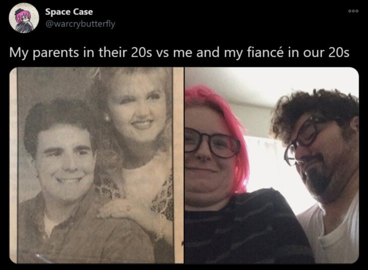 Reto de Twitter 'Mis papás a mi edad vs. Yo'; pareja en el periódico, mujer y hombre haciendo caras graciosas