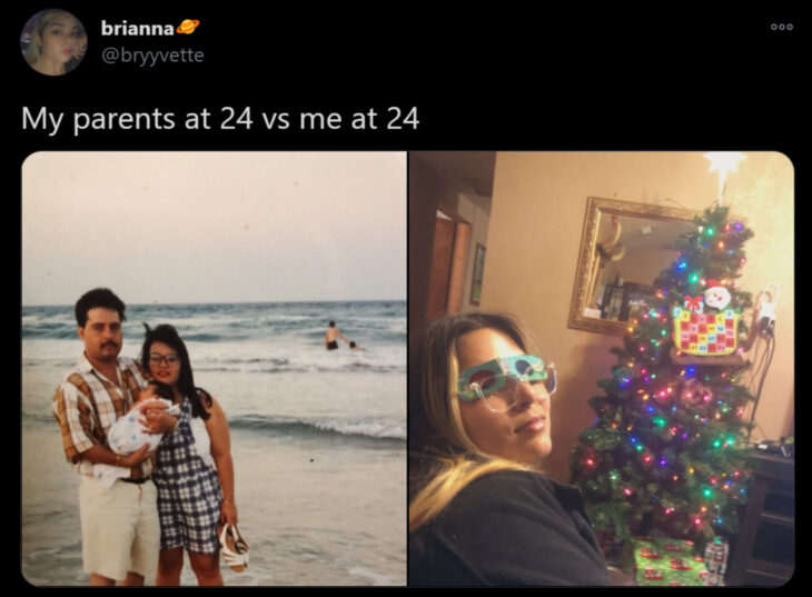 Reto de Twitter 'Mis papás a mi edad vs. Yo'; pareja con bebé en la playa, mujer junto a árbol de Navidad con lentes de aumento sobre lentes de cartón