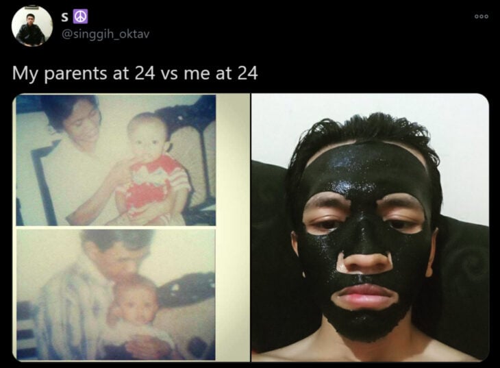 Reto de Twitter 'Mis papás a mi edad vs. Yo'; papá y mamá cargando a su bebé, joven con mascarilla negra de carbón activado