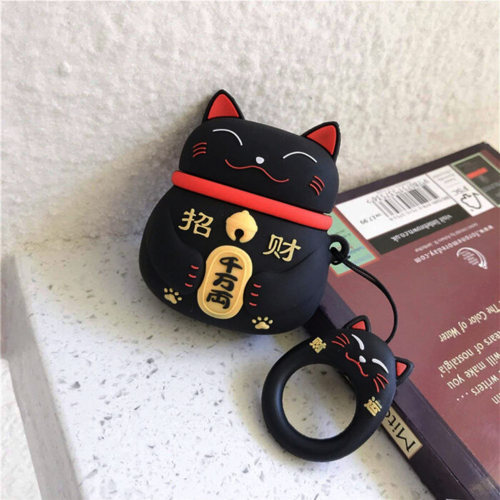 Regalos bonitos para el intercambio de Navidad; funda para airpods, audífonos, en forma de gato de la suerte japonés negro, maneki-neko