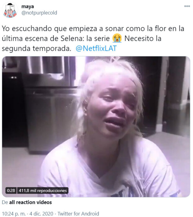 Screen Shot de Twitter sobre la reacción de 'Selena: la serie'