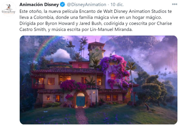 Screen Shot de Twitter con información de la nueva película de Disney: 'Encanto'