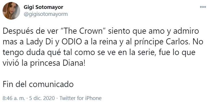 Screen shot de Twitter sobre comentarios de la cuarta temporada de 'The Crown'