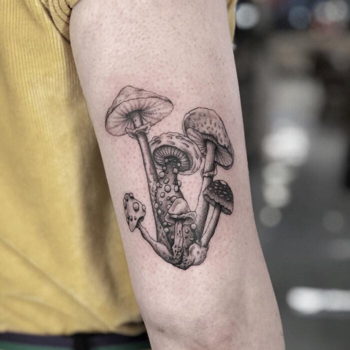 Tatuajes bonitos, pequeños y femeninos; tatuaje de hongos, setas en el brazo
