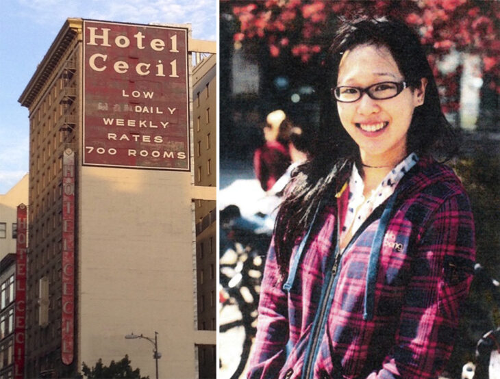 Del lado izquierdo un letrero del Hotel Cecil en Los Ángeles y del lado derecho fotografía de la estudiante Elisa Lam