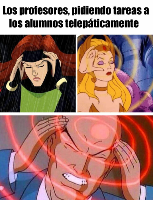 Meme de caricaturas de los 80 que piden telepaticamente la tarea a los alumnos 