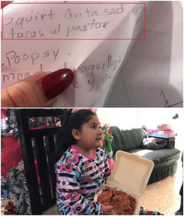Teresa, niña abriendo una caja con tacos al pastor; Niña pide tacos en lugar de regalos a los Reyes Magos; ¡ellos cumplieron!