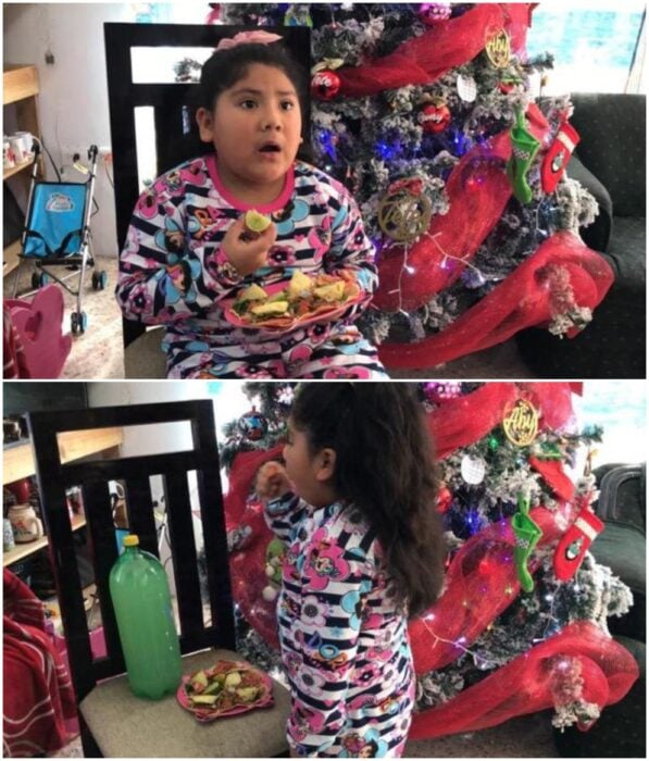 Teresa, niña comiendo tacos al pastor junto al árbol de Navidad; Niña pide tacos en lugar de regalos a los Reyes Magos; ¡ellos cumplieron!